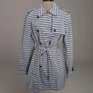 Banana‎ Republic Women's L Gray White Striped Double Breast Belted Trench Coat